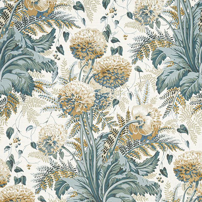 Anna French Dahlia Fabric in Soft Gold on Cream